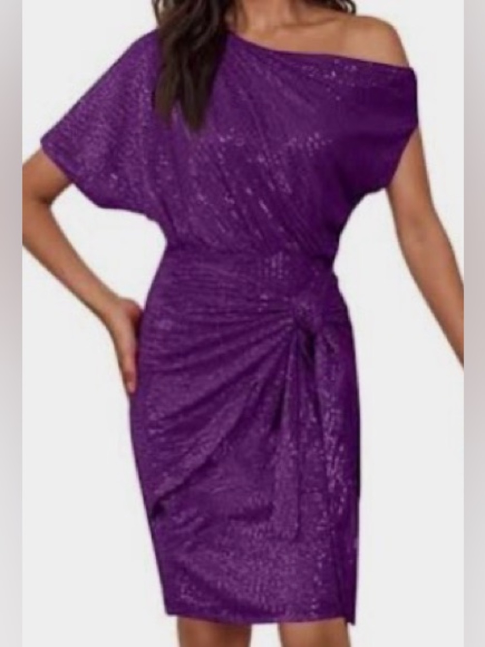 Grace Karin Purple Sequin One-Shoulder Knot Dress